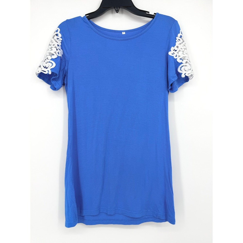 Royal Blue Short Sleeve Top with‎ White Crochet Lace Shoulder Detail Small